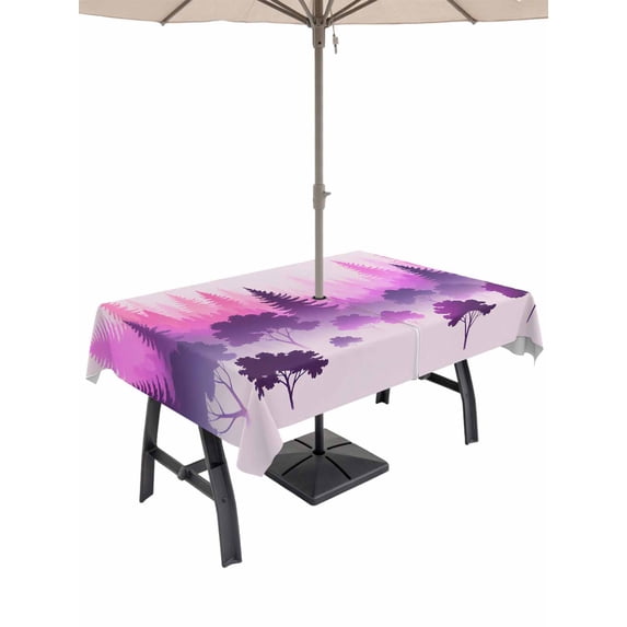 Outdoor Tablecloth with Umbrella Hole for Patio/Picnic/Party/Camping, Purple Pink Ombre Forest Waterproof Table Cloth Rectangle Table Cover Washable, Tree Modern Abstract Art (54"x 80")