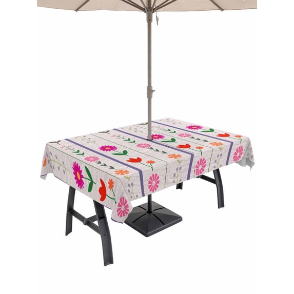 Outdoor Tablecloth with Umbrella Hole for Patio/Picnic/Party/Camping, Purple Pink Spring Floral Waterproof Table Cloth Rectangle Table Cover Washable, Colorful Summer Flowers Botanical (52"x 70")