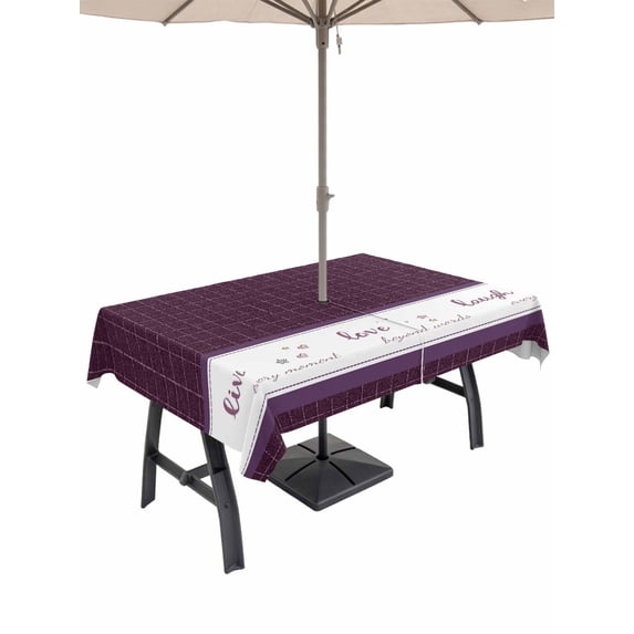 Outdoor Tablecloth with Umbrella Hole for Patio/Picnic/Party/Camping, Purple Plaid Waterproof Table Cloth Rectangle Table Cover Washable, Live Love Laugh Text Star Love Heart (60"x 120")