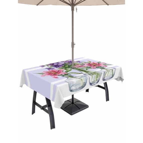 Outdoor Tablecloth with Umbrella Hole for Patio/Picnic/Party/Camping, Purple Red Spring Floral Waterproof Table Cloth Rectangle Table Cover Washable, Summer Botanical Watercolor (60"x 102")