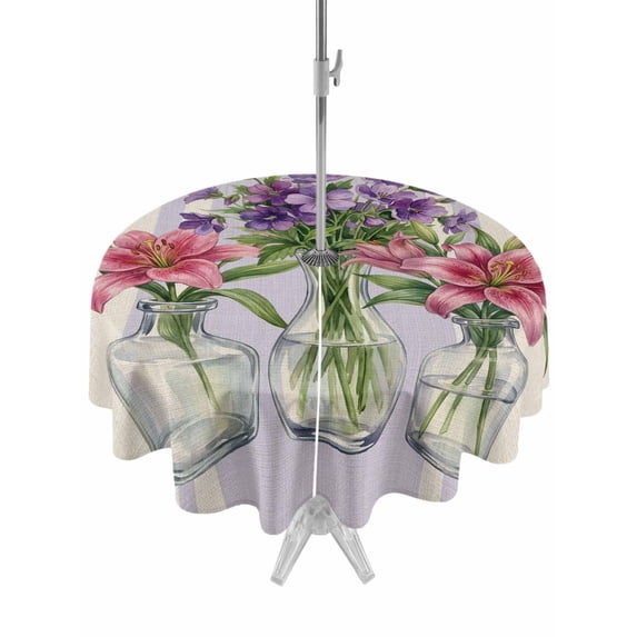 Outdoor Tablecloth with Umbrella Hole for Patio/Picnic/Party/Camping, Purple Red Spring Floral Waterproof Table Cloth Round Cover Washable, Summer Botanical Rustic (Dia 54")