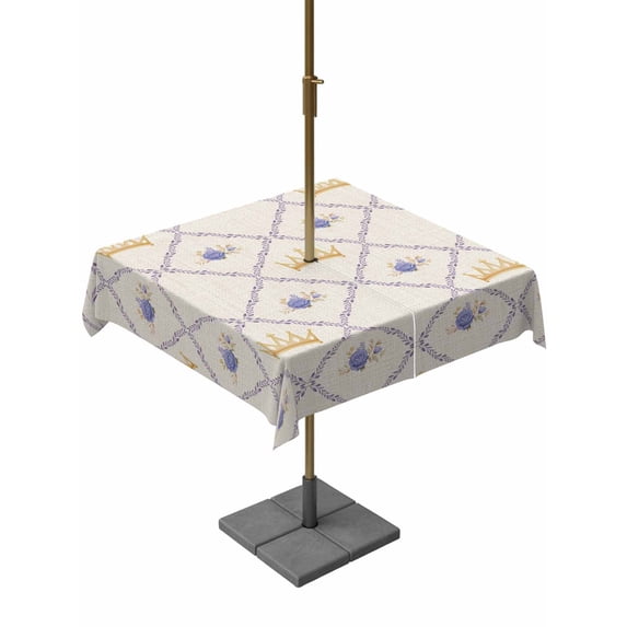 Outdoor Tablecloth with Umbrella Hole for Patio/Picnic/Party/Camping, Purple Roses Crown Waterproof Table Cloth Square Cover Washable, Spring Floral Elegant Pastoral Geometric (60"x 60")