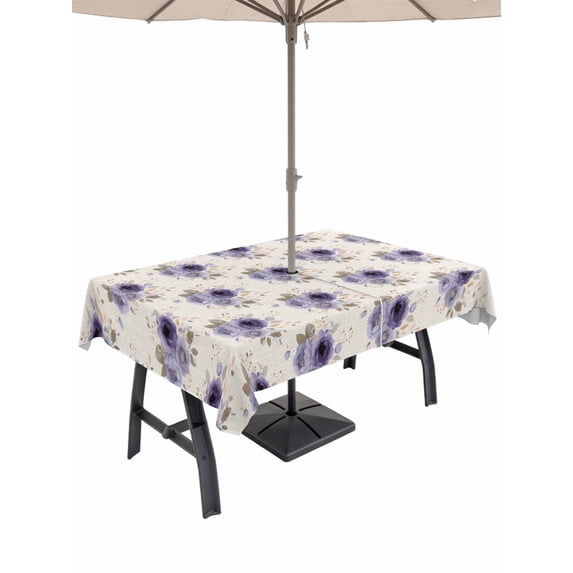 Outdoor Tablecloth with Umbrella Hole for Patio/Picnic/Party/Camping, Purple Spring Floral Waterproof Table Cloth Rectangle Table Cover Washable, Farmhouse Flowers Modern Art (52"x 70")