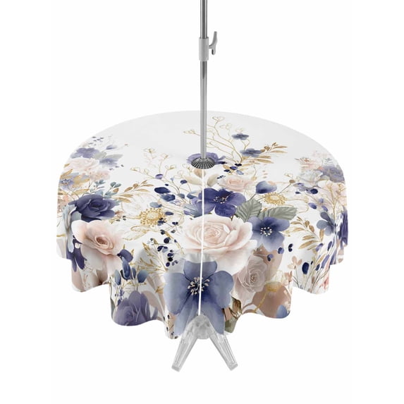 Outdoor Tablecloth with Umbrella Hole for Patio/Picnic/Party/Camping, Purple Spring Floral Waterproof Table Cloth Round Cover Washable, Elegant Pastoral Flowers Watercolor (Dia 54")