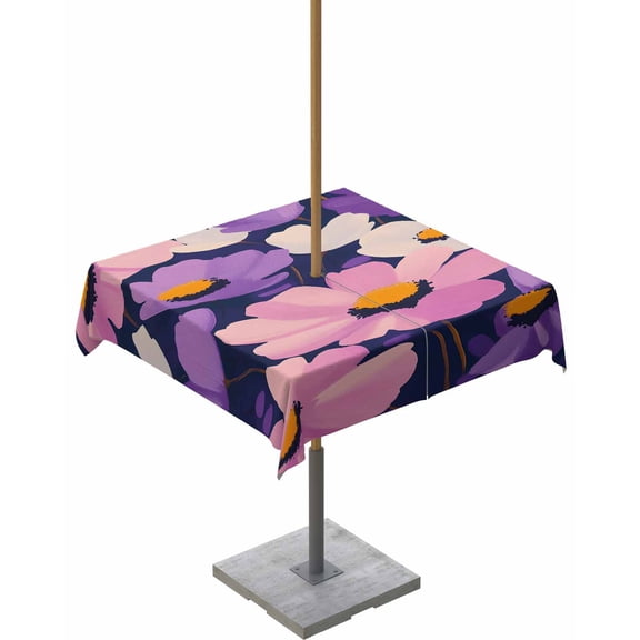 Outdoor Tablecloth with Umbrella Hole for Patio/Picnic/Party/Camping, Purple Spring Floral Waterproof Table Cloth Square Cover Washable, Flowers Summer Botanical Abstract Art 60"x 60"