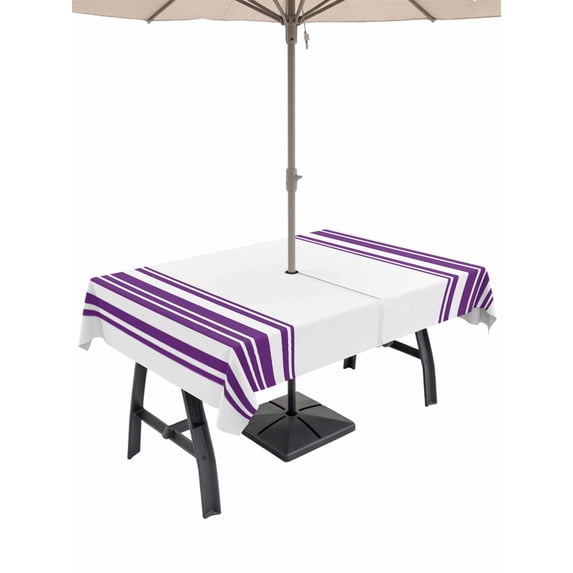 Outdoor Tablecloth with Umbrella Hole for Patio/Picnic/Party/Camping, Purple Striped Waterproof Table Cloth Rectangle Table Cover Washable, Farmhouse Simple Line Vertical Stripes (60"x 120")