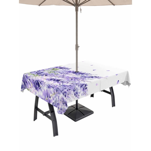 Outdoor Tablecloth with Umbrella Hole for Patio/Picnic/Party/Camping, Purple Weeping Leaves Waterproof Table Cloth Rectangle Table Cover Washable, Farmhouse Pastoral Botanical (54"x 80")
