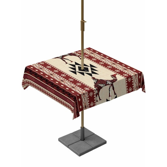 Outdoor Tablecloth with Umbrella Hole for Patio/Picnic/Party/Camping, Red Beige Boho Waterproof Table Cloth Square Cover Washable, Vintage Abstract Art Ethnic Tribe (60"x 60")