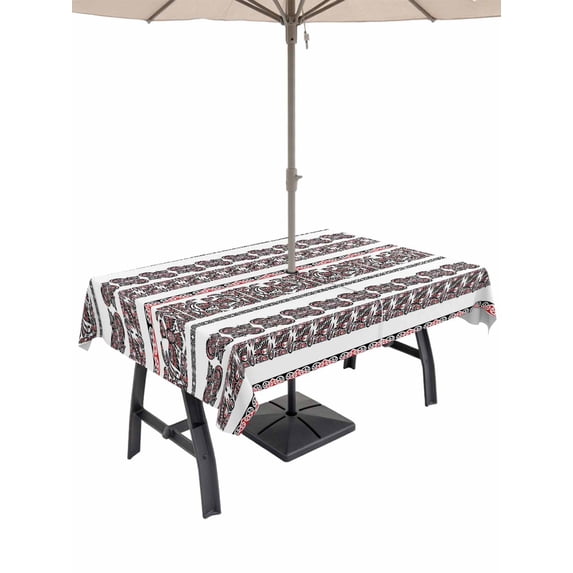 Outdoor Tablecloth with Umbrella Hole for Patio/Picnic/Party/Camping, Red Black Boho Waterproof Table Cloth Rectangle Table Cover Washable, Ethnic Tribe Aesthetic Abstract Art (60"x 102")