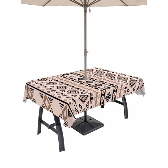 Outdoor Tablecloth with Umbrella Hole for Patio/Picnic/Party/Camping, Red Black Boho Waterproof Table Cloth Rectangle Table Cover Washable, Vintage Ethnic Tribe Abstract Art (60"x 84")