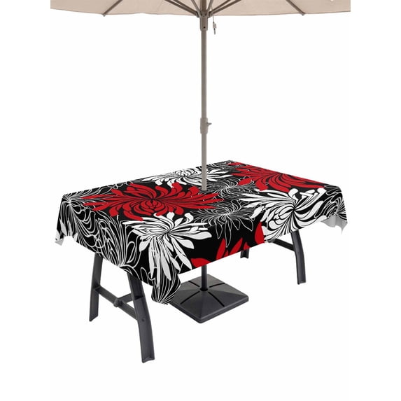 Outdoor Tablecloth with Umbrella Hole for Patio/Picnic/Party/Camping, Red Black Flowers Waterproof Table Cloth Rectangle Table Cover Washable, Abstract Botanical Floral Textured Plant (54"x 80")