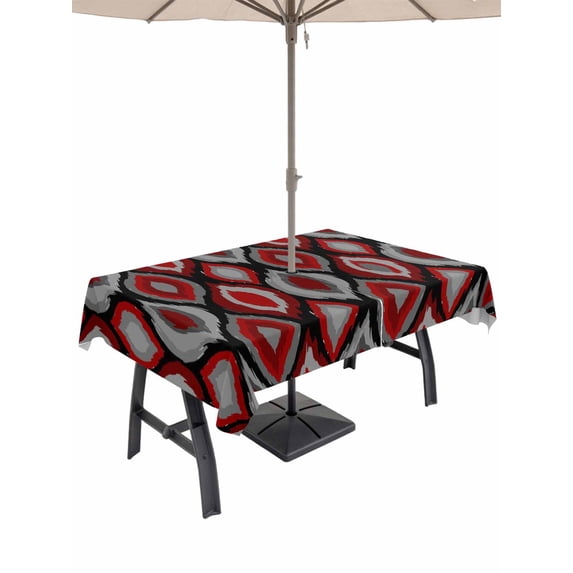 Outdoor Tablecloth with Umbrella Hole for Patio/Picnic/Party/Camping, Red Black Geometric Waterproof Table Cloth Rectangle Table Cover Washable, Abstract Art Diamond Modern (60"x 120")