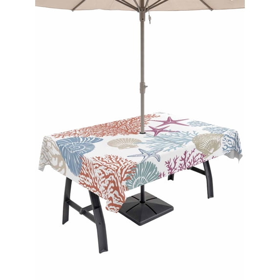 Outdoor Tablecloth with Umbrella Hole for Patio/Picnic/Party/Camping, Red Blue Coastal Waterproof Table Cloth Rectangle Table Cover Washable, Coral Conch Starfish Nautical Ocean (54"x 80")