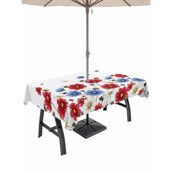 Outdoor Tablecloth with Umbrella Hole for Patio/Picnic/Party/Camping, Red Blue Floral Waterproof Table Cloth Rectangle Table Cover Washable, Independence Day Flowers Farmhouse (60"x 84")