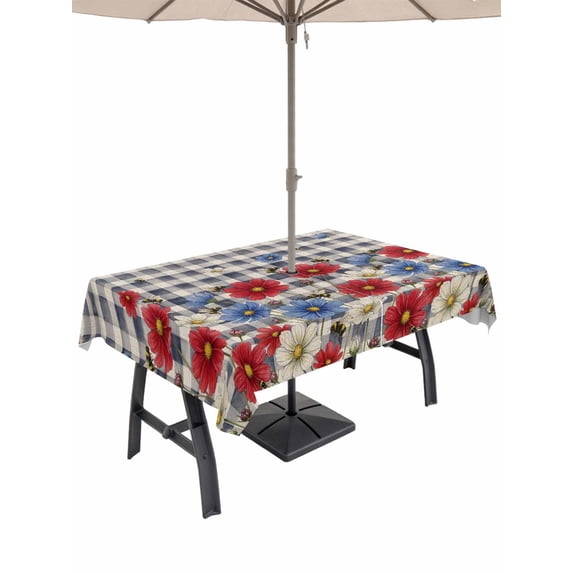 Outdoor Tablecloth with Umbrella Hole for Patio/Picnic/Party/Camping, Red Blue Floral Waterproof Table Cloth Rectangle Table Cover Washable, Independence Day Flowers Black Buffalo Plaid (60"x 84")