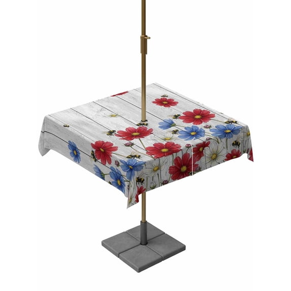 Outdoor Tablecloth with Umbrella Hole for Patio/Picnic/Party/Camping, Red Blue Floral Waterproof Table Cloth Square Cover Washable, Independence Day Flowers Grey Wooden (54"x 54")