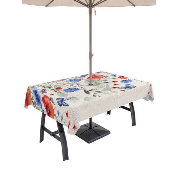 Outdoor Tablecloth with Umbrella Hole for Patio/Picnic/Party/Camping, Red Blue Flowers Waterproof Table Cloth Rectangle Table Cover Washable, Spring Floral Farmhouse Botanical Rustic (54"x 80")