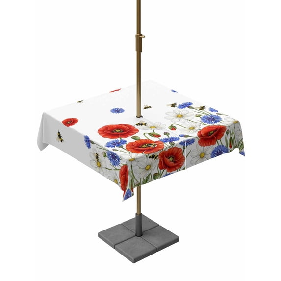 Outdoor Tablecloth with Umbrella Hole for Patio/Picnic/Party/Camping, Red Blue Poppy Floral Waterproof Table Cloth Square Cover Washable, Farmhouse Spring Flowers (60"x 60")