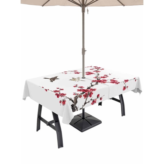 Outdoor Tablecloth with Umbrella Hole for Patio/Picnic/Party/Camping, Red Cherry Branches Waterproof Table Cloth Rectangle Table Cover Washable, Spring Floral Botanical Birds Country (60"x 84")