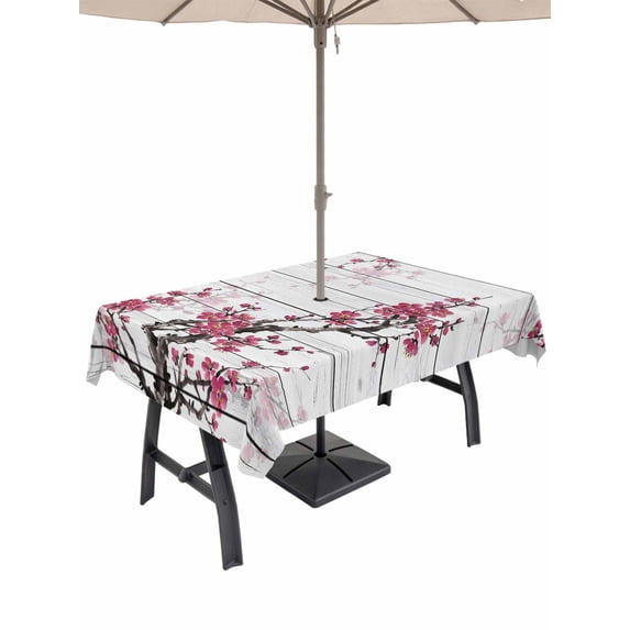 Outdoor Tablecloth with Umbrella Hole for Patio/Picnic/Party/Camping, Red Cherry Waterproof Table Cloth Rectangle Table Cover Washable, Spring Floral Branches Ink Painting Art Wood Gray (54"x 80")