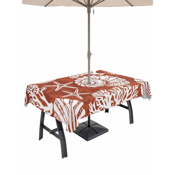 Outdoor Tablecloth with Umbrella Hole for Patio/Picnic/Party/Camping, Red Coastal Waterproof Table Cloth Rectangle Table Cover Washable, Conch Nautical Summer Starfish Shell Coral (60"x 102")