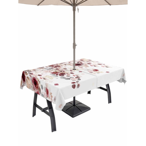 Outdoor Tablecloth with Umbrella Hole for Patio/Picnic/Party/Camping, Red Flowers Waterproof Table Cloth Rectangle Table Cover Washable, Spring Floral Elegant Pastoral Watercolor (52"x 70")