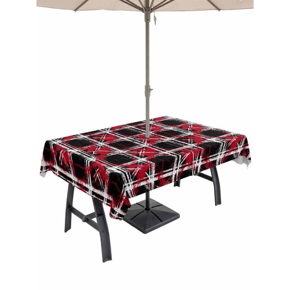 Outdoor Tablecloth with Umbrella Hole for Patio/Picnic/Party/Camping, Red Geometric Waterproof Table Cloth Rectangle Table Cover Washable, Black White Boho (52"x 70")