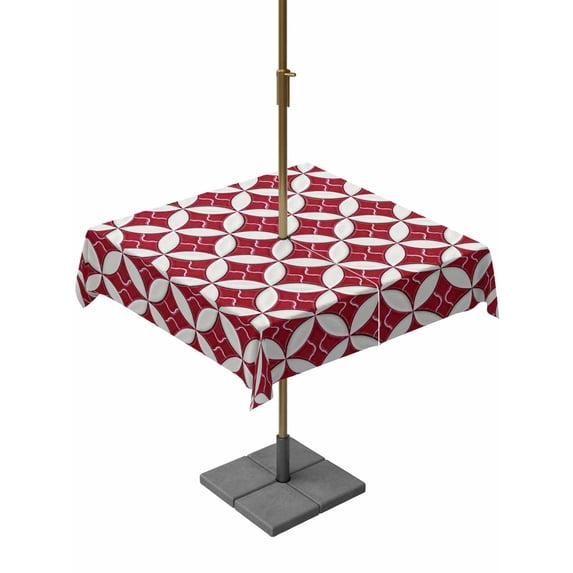 Outdoor Tablecloth with Umbrella Hole for Patio/Picnic/Party/Camping, Red Geometric Waterproof Table Cloth Square Cover Washable, Vintage Rhombus Circle Texture (54"x 54")