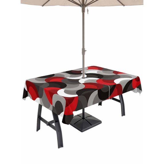Outdoor Tablecloth with Umbrella Hole for Patio/Picnic/Party/Camping, Red Grey Abstract Waterproof Table Cloth Rectangle Table Cover Washable, Modern Geometric Ombre Artwork (54"x 80")