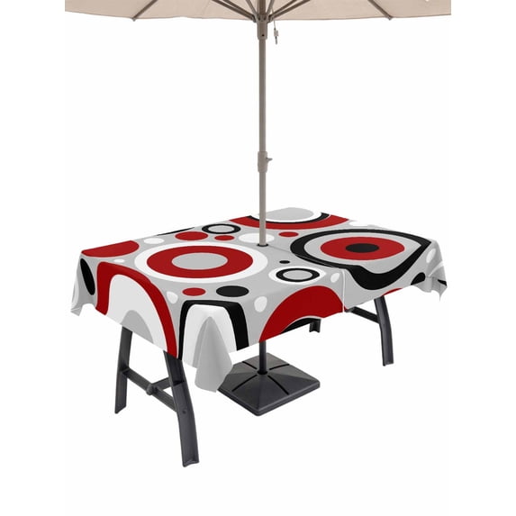 Outdoor Tablecloth with Umbrella Hole for Patio/Picnic/Party/Camping, Red Grey Abstract Waterproof Table Cloth Rectangle Table Cover Washable, Modern Geometric Polka Dot (60"x 120")