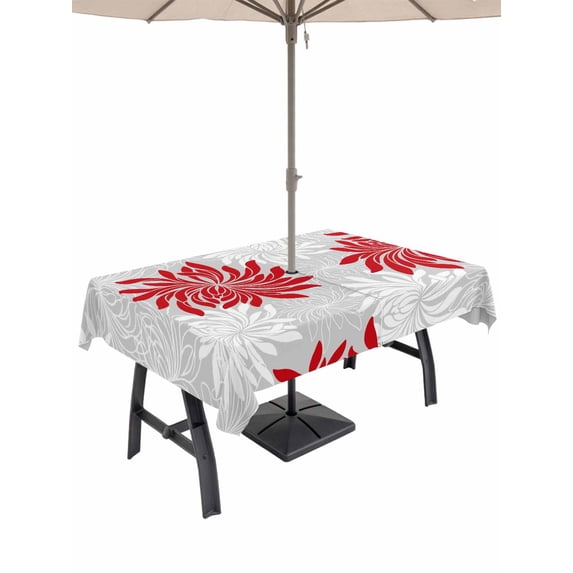 Outdoor Tablecloth with Umbrella Hole for Patio/Picnic/Party/Camping, Red Grey Flowers Waterproof Table Cloth Rectangle Table Cover Washable, Modern Abstract Blooms Floral (52"x 70")