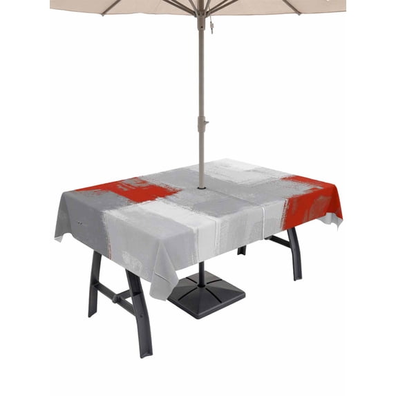 Outdoor Tablecloth with Umbrella Hole for Patio/Picnic/Party/Camping, Red Grey Waterproof Table Cloth Rectangle Table Cover Washable, Abstract Geometric Color Block Oil Painting (60"x 120")