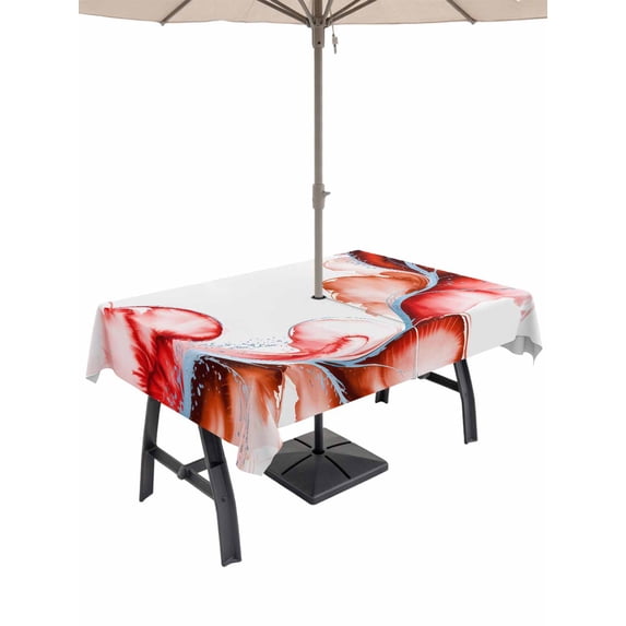 Outdoor Tablecloth with Umbrella Hole for Patio/Picnic/Party/Camping, Red Marble Stone Waterproof Table Cloth Rectangle Table Cover Washable, Ink Splash Country Marble Abstract (60"x 84")