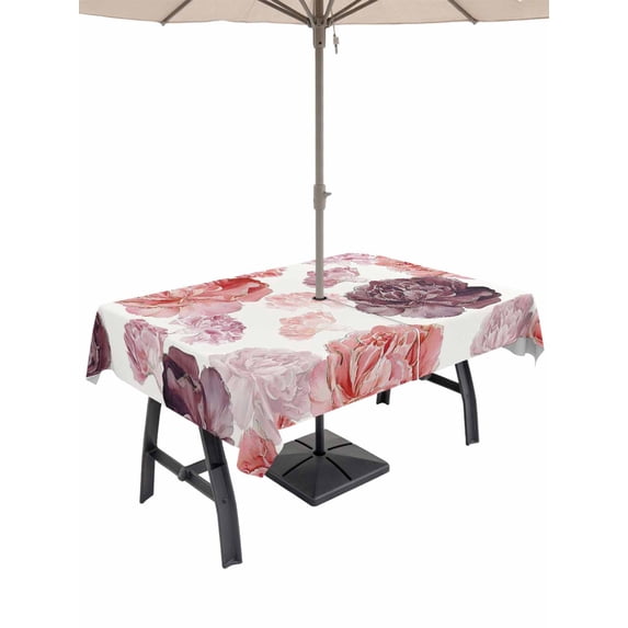 Outdoor Tablecloth with Umbrella Hole for Patio/Picnic/Party/Camping, Red Ombre Spring Floral Waterproof Table Cloth Rectangle Table Cover Washable, Summer Botanical Flowers (60"x 102")