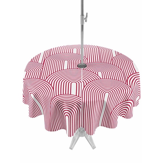 Outdoor Tablecloth with Umbrella Hole for Patio/Picnic/Party/Camping, Red Ombre Waterproof Table Cloth Round Cover Washable, Farmhouse Stripes Modern Abstract Art (Dia 54")