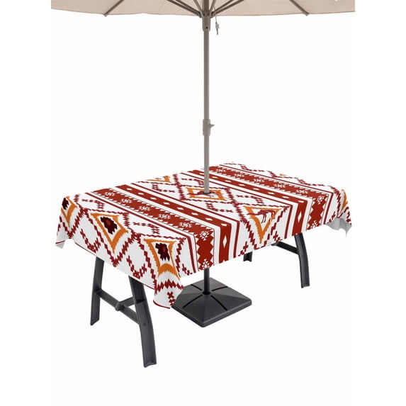 Outdoor Tablecloth with Umbrella Hole for Patio/Picnic/Party/Camping, Red Orange Southwest Waterproof Table Cloth Rectangle Table Cover Washable, Aztec Boho Ethnic Geometric Art (60"x 120")