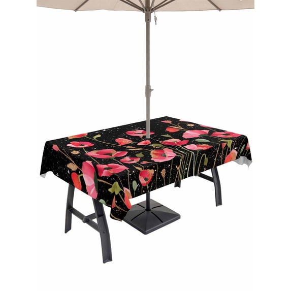 Outdoor Tablecloth with Umbrella Hole for Patio/Picnic/Party/Camping, Red Poppy Waterproof Table Cloth Rectangle Table Cover Washable, Spring Summer Flowers Botanical Black (60"x 102")