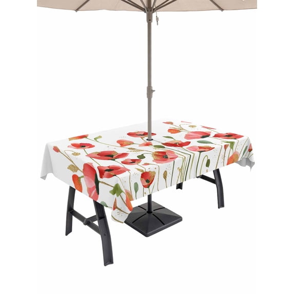 Outdoor Tablecloth with Umbrella Hole for Patio/Picnic/Party/Camping, Red Poppy Waterproof Table Cloth Rectangle Table Cover Washable, Spring Summer Flowers Botanical Watercolor (52"x 70")