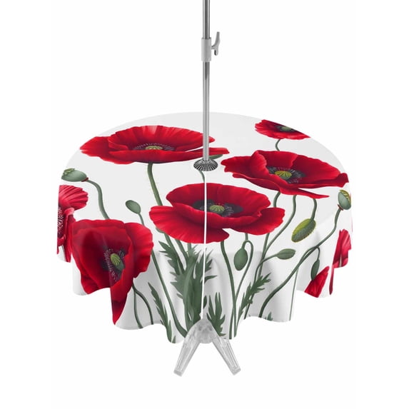 Outdoor Tablecloth with Umbrella Hole for Patio/Picnic/Party/Camping, Red Poppy Waterproof Table Cloth Round Cover Washable, Spring Summer Farmhouse Flowers Watercolor (Dia 60")