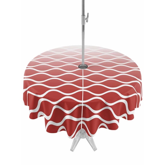 Outdoor Tablecloth with Umbrella Hole for Patio/Picnic/Party/Camping, Red Striped Waterproof Table Cloth Round Cover Washable, Modern Abstract Ombre Geometric Morocco (Dia 54")