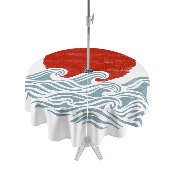 Outdoor Tablecloth with Umbrella Hole for Patio/Picnic/Party/Camping, Red Sun Rise Waterproof Table Cloth Round Cover Washable, Ocean Waves Coastal Abstract Art (Dia 54")
