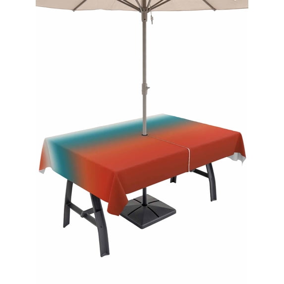 Outdoor Tablecloth with Umbrella Hole for Patio/Picnic/Party/Camping, Red Teal Ombre Waterproof Table Cloth Rectangle Table Cover Washable, Modern Gradient Abstract Art (54"x 80")