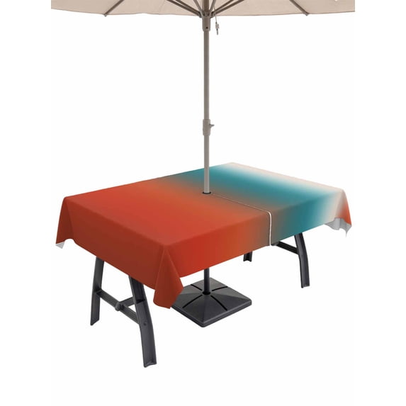 Outdoor Tablecloth with Umbrella Hole for Patio/Picnic/Party/Camping, Red Teal Orange Ombre Waterproof Table Cloth Rectangle Table Cover Washable, Modern Art Aesthetics Abstract (60"x 102")
