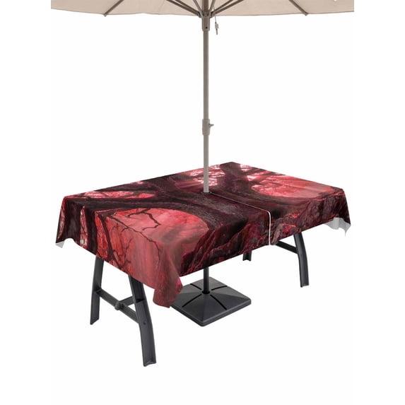 Outdoor Tablecloth with Umbrella Hole for Patio/Picnic/Party/Camping, Red Trees Waterproof Table Cloth Rectangle Table Cover Washable, Country Forest Branches Nature Light View (60"x 102")