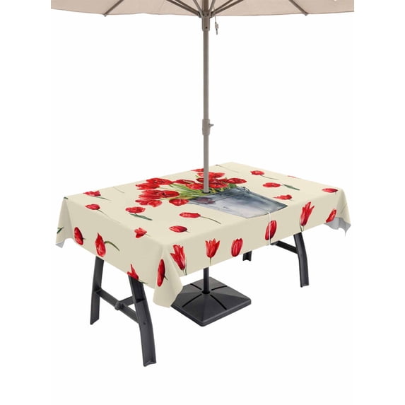 Outdoor Tablecloth with Umbrella Hole for Patio/Picnic/Party/Camping, Red Tulip Flowers Waterproof Table Cloth Rectangle Table Cover Washable, Spring Floral Vintage Drum Country Yellow (52"x 70")