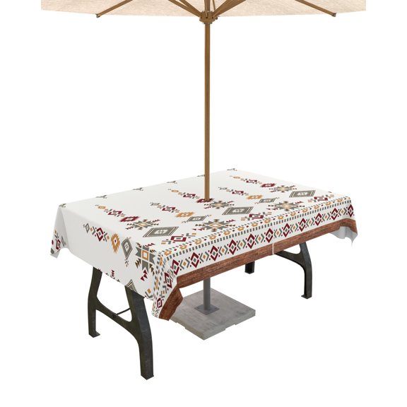 Outdoor Tablecloth with Umbrella Hole for Patio/Picnic/Party/Camping, Retro Southwest, Waterproof Table Cloth Rectangle Table Cover Washable, Geometric Abstract Bohemia Native Tribal 52"x 70"