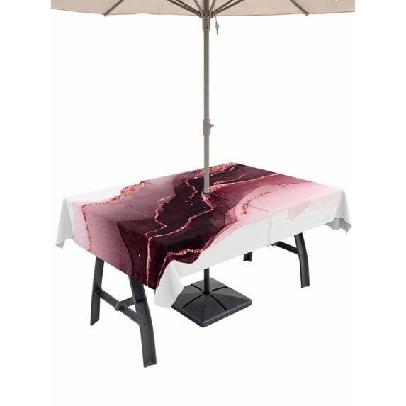 Outdoor Tablecloth with Umbrella Hole for Patio/Picnic/Party/Camping, Rose Red Marble Waterproof Table Cloth Rectangle Table Cover Washable, Contemporary Abstract Fluid Aesthetic (54"x 80")