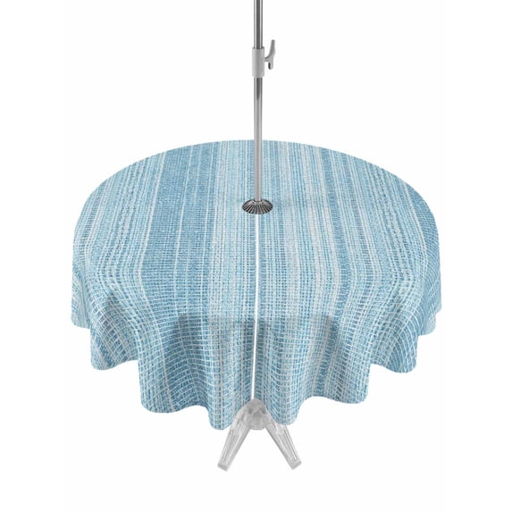 Outdoor Tablecloth with Umbrella Hole for Patio/Picnic/Party/Camping, Rustic Blue Waterproof Table Cloth Round Cover Washable, Farmhouse Vertical Striped Art (Dia 60")