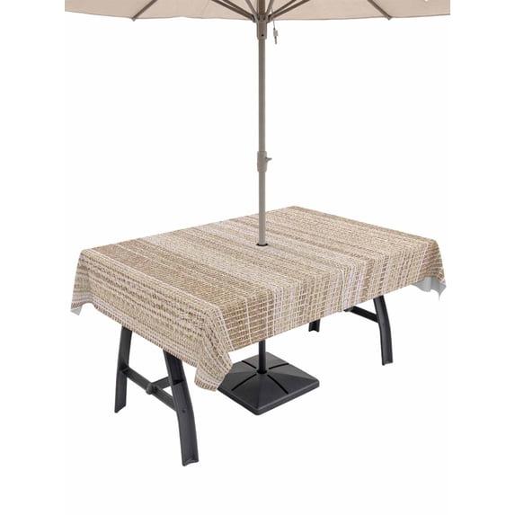 Outdoor Tablecloth with Umbrella Hole for Patio/Picnic/Party/Camping, Rustic Brown Waterproof Table Cloth Rectangle Table Cover Washable, Farmhouse Vertical Striped Art (52"x 70")