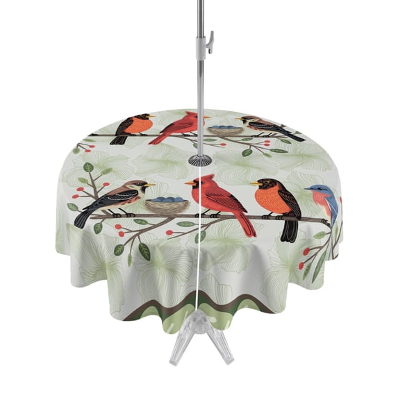 Outdoor Tablecloth with Umbrella Hole for Patio/Picnic/Party/Camping, Rustic Cardinal Bird Waterproof Table Cloth Round Cover Washable, Green Leaves Branches Country Berries (Dia 60")
